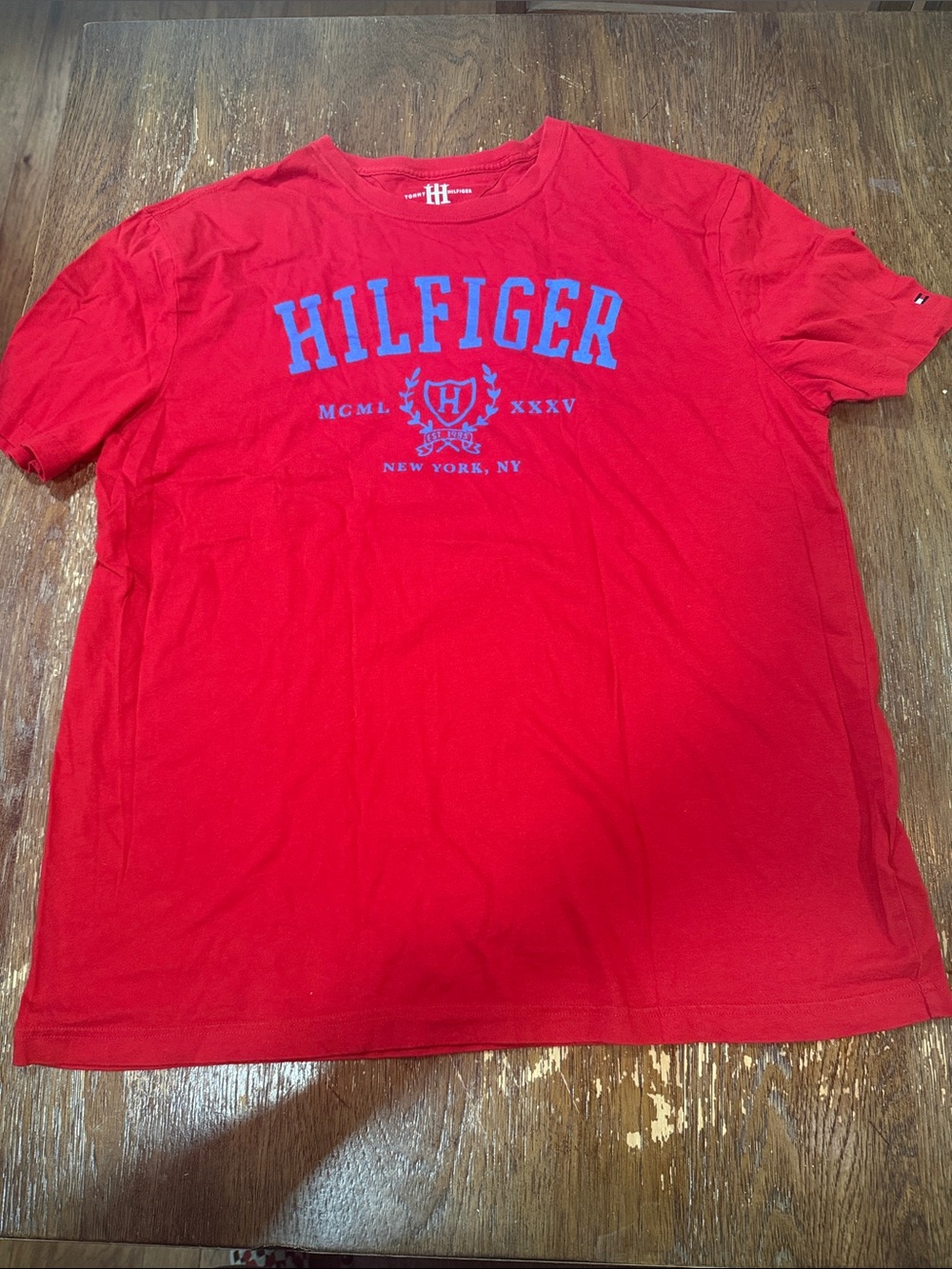 Tommy Hilfiger Red Short Sleeve Tee with Blue Logo